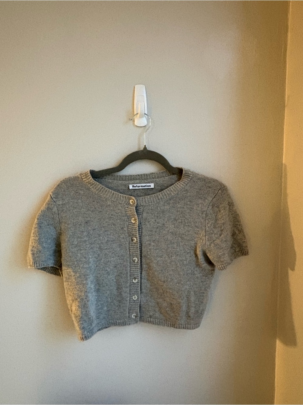 Reformation Heather Gray Cropped Short-Sleeve Button Cardigan